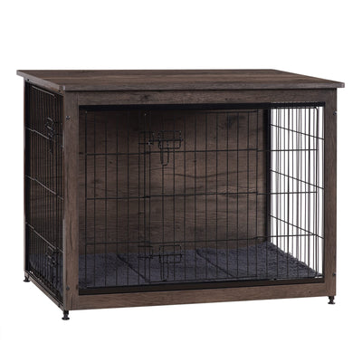DWANTON Dog Crate Furniture with Cushion, Medium Wooden Dog Crate with Double Doors, Dog Furniture, Indoor Dog Kennel, End Table, Medium, 32.5" L, Dark Grey