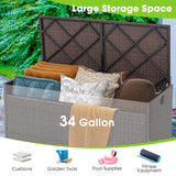 Tangkula 34 Gallon Outdoor Storage Bench with Seat Cushion, Patio Mix Brown Wicker Deck Box with Waterproof Liner and Side Handles, Outdoor Storage Bench for Cushions, Garden Tools, Pool Accessories Tangkula