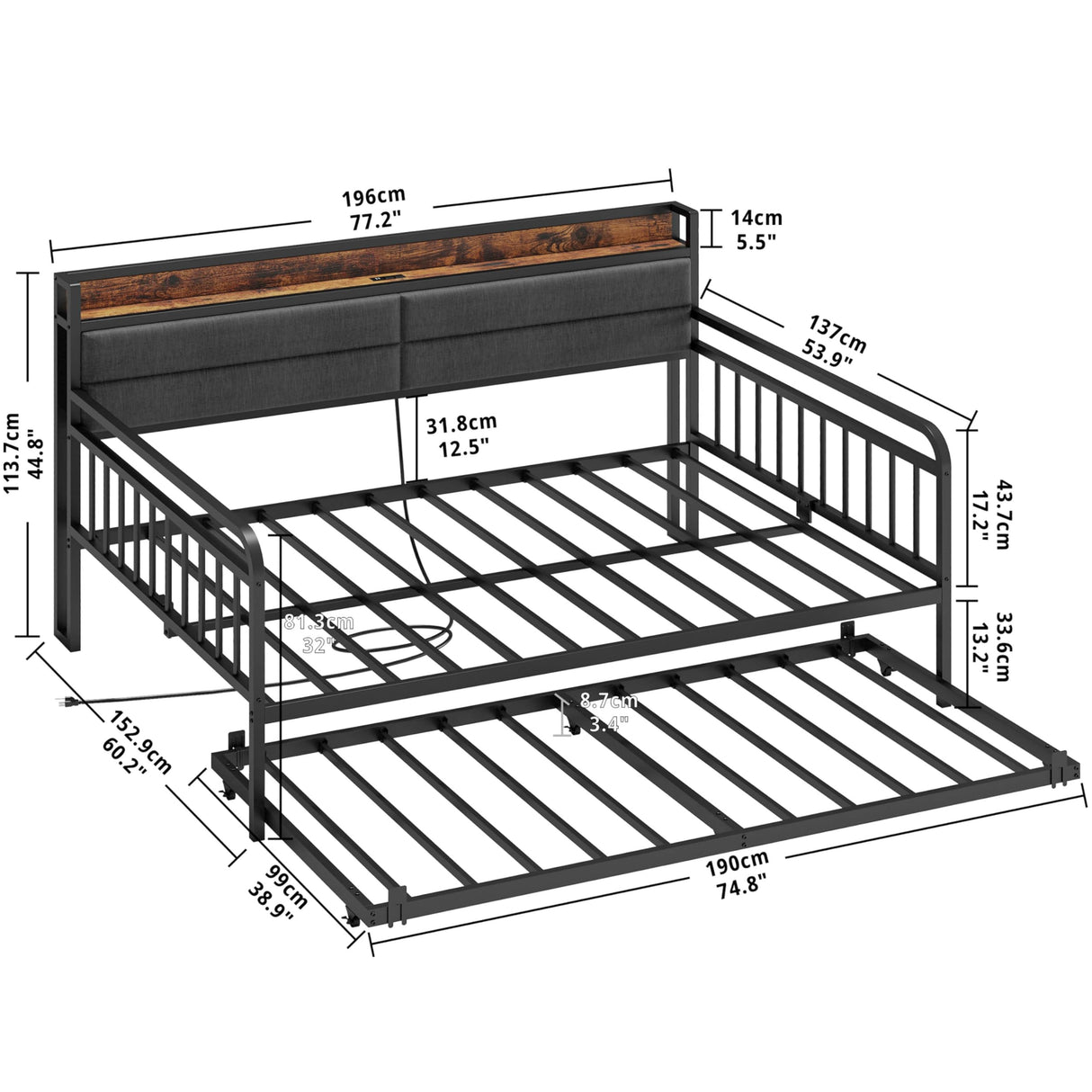 LIKIMIO Daybed with Trundle, Sturdy Metal Full Size Bed Frame with Upholstered Headboard and Charging Station for Living Room, Bedroom and Guest Room, Black LIKIMIO