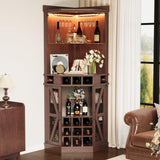 IRONCK Corner Bar Cabinet, 72.4" Tall Wine Cabinet with LED Light & Tempered Glass Rack, Home Bar Liquor Cabinet & Coffee Bar with Barn Door & Adjustable Shelf for Living Room, Dining Room, Red Walnut IRONCK