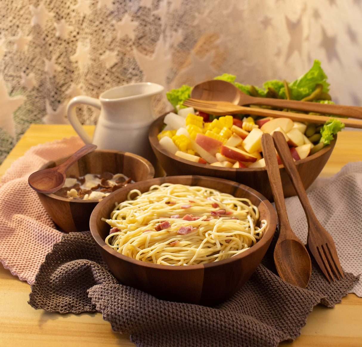 BestySuperStore Nesting Round Wood Bowls Mix Size 9½”, 8½”, 7” Stackable Acacia Wooden Bowl Set with Spoons and Forks for salad dip sauce snack rice pasta soup fruit cereal Tableware Nested Dish Sets BestySuperStore