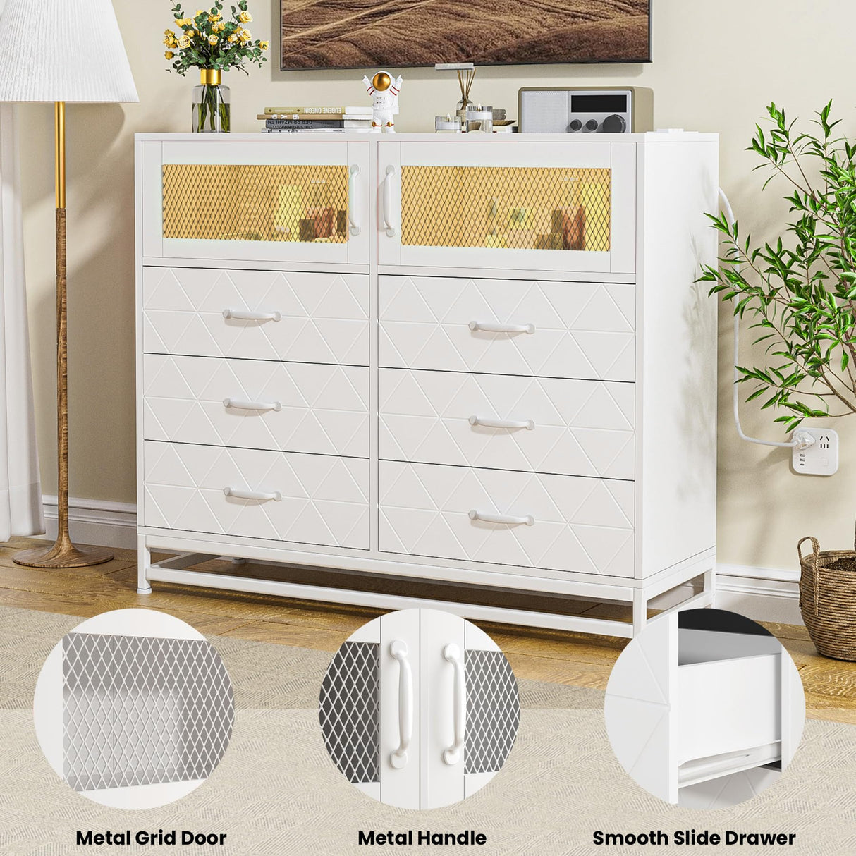 White Dresser for Bedroom with 6 Drawers 2-Door Storage Cabinet Dressers & Chest of Drawers with Charging Station and LED Lights, 8 Drawers Tall Dressers for Bedroom,Living Room,Hallway,Closet Takywep