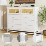 White Dresser for Bedroom with 6 Drawers 2-Door Storage Cabinet Dressers & Chest of Drawers with Charging Station and LED Lights, 8 Drawers Tall Dressers for Bedroom,Living Room,Hallway,Closet Takywep