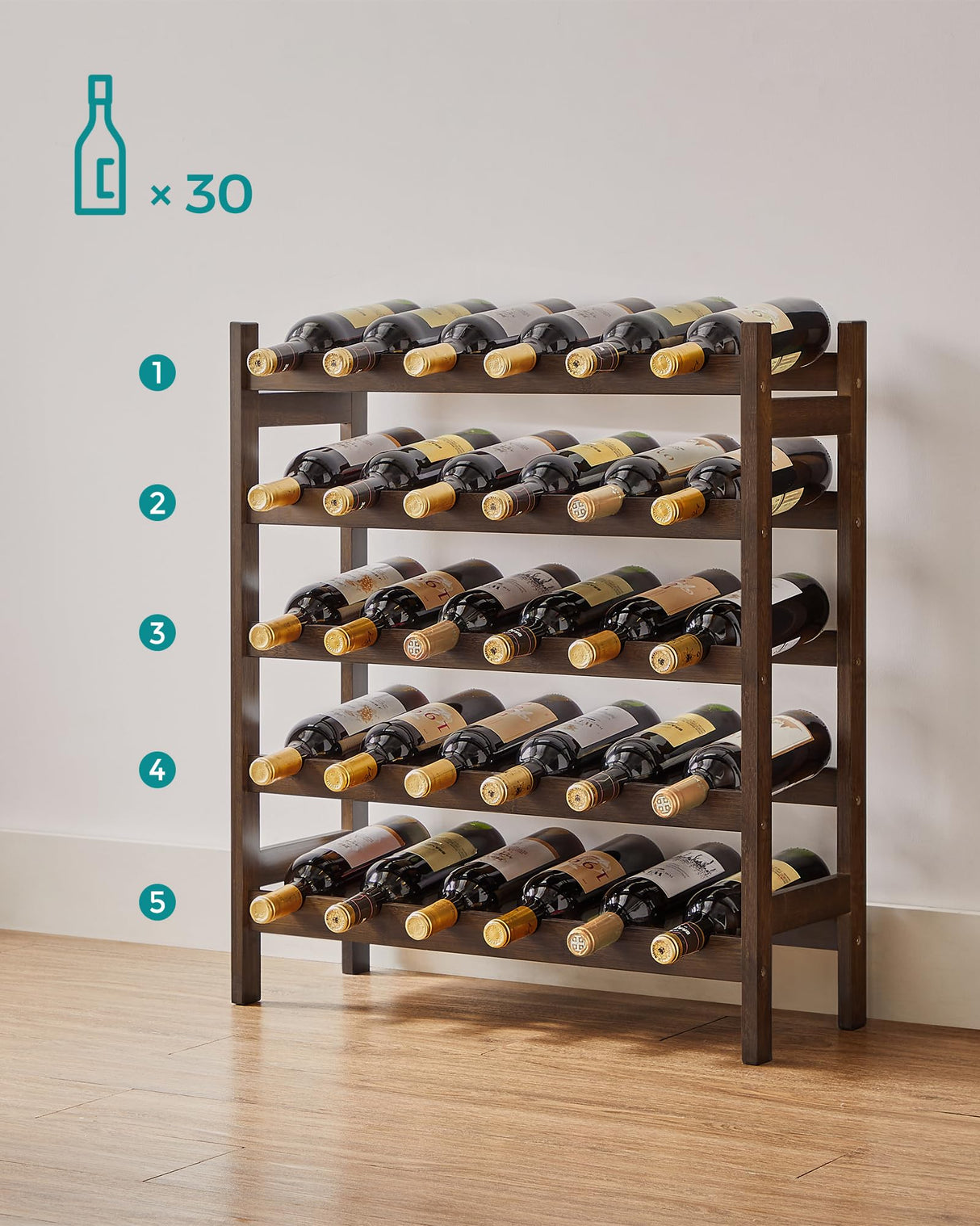 SONGMICS 30-Bottle Wine Rack, 5-Tier Freestanding Floor Bamboo Wine Holder, Display Stand Shelves, Wave Bars, Walnut Color UKWR025D01 SONGMICS
