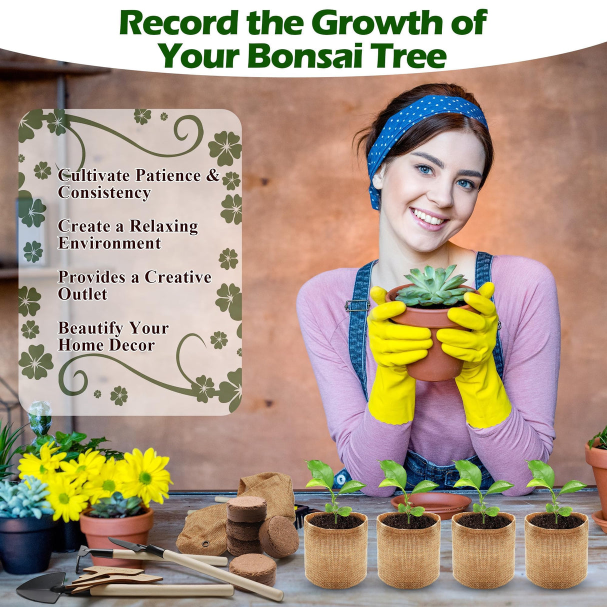 Bonsai Tree Kit, Wooden Bonsai Starter Kit, Coolrunner Bonsai Tree Starter Kit, Mini Bonsai Plant Growing Kit with Seeds Packets, Soil Discs, Jute Bags, Plant Markers, Gardening Tools etc (No Seeds) Coolrunner