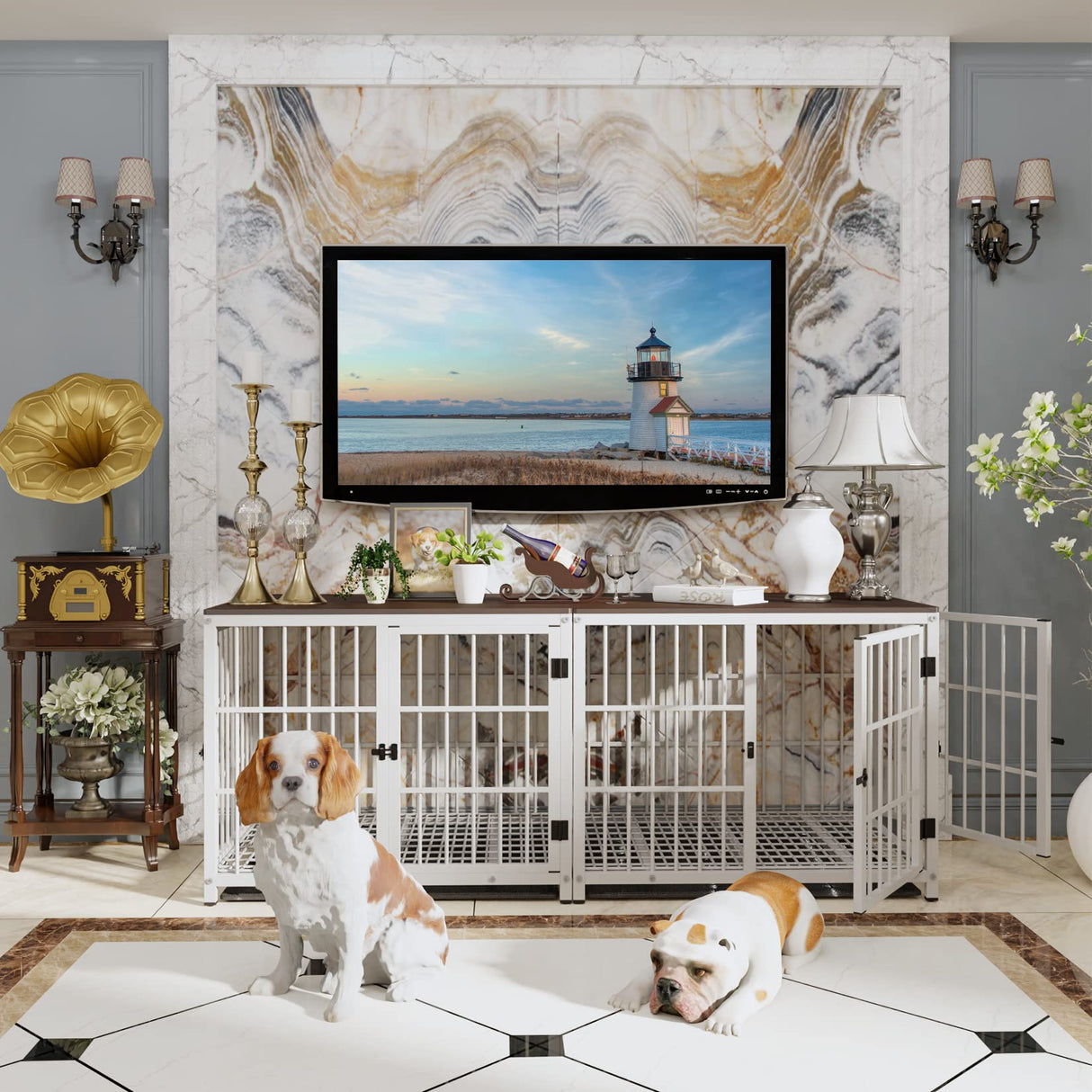 Heavy Duty Dog Crate Furniture: 72Inch Extra Large End Table Style Doggie Crates with Three Doors - Inside Modern Big TV Stand Style Puppy Wooden Kennel with Removable Tray for Medium Large Dogs White BingoPaw