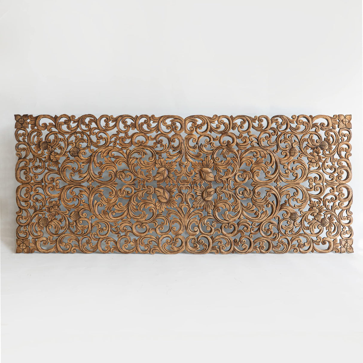 Low California King Size Headboard, Rectangular Floral Carve Panels, Asia Teak Bedroom Furniture, Weathered Brown Stain, 72x30 inches Siam Sawadee