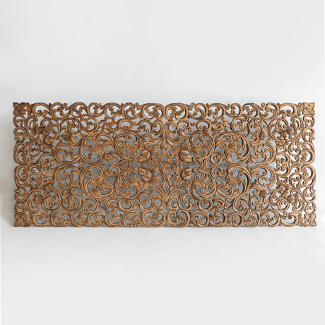 Low California King Size Headboard, Rectangular Floral Carve Panels, Asia Teak Bedroom Furniture, Weathered Brown Stain, 72x30 inches Siam Sawadee