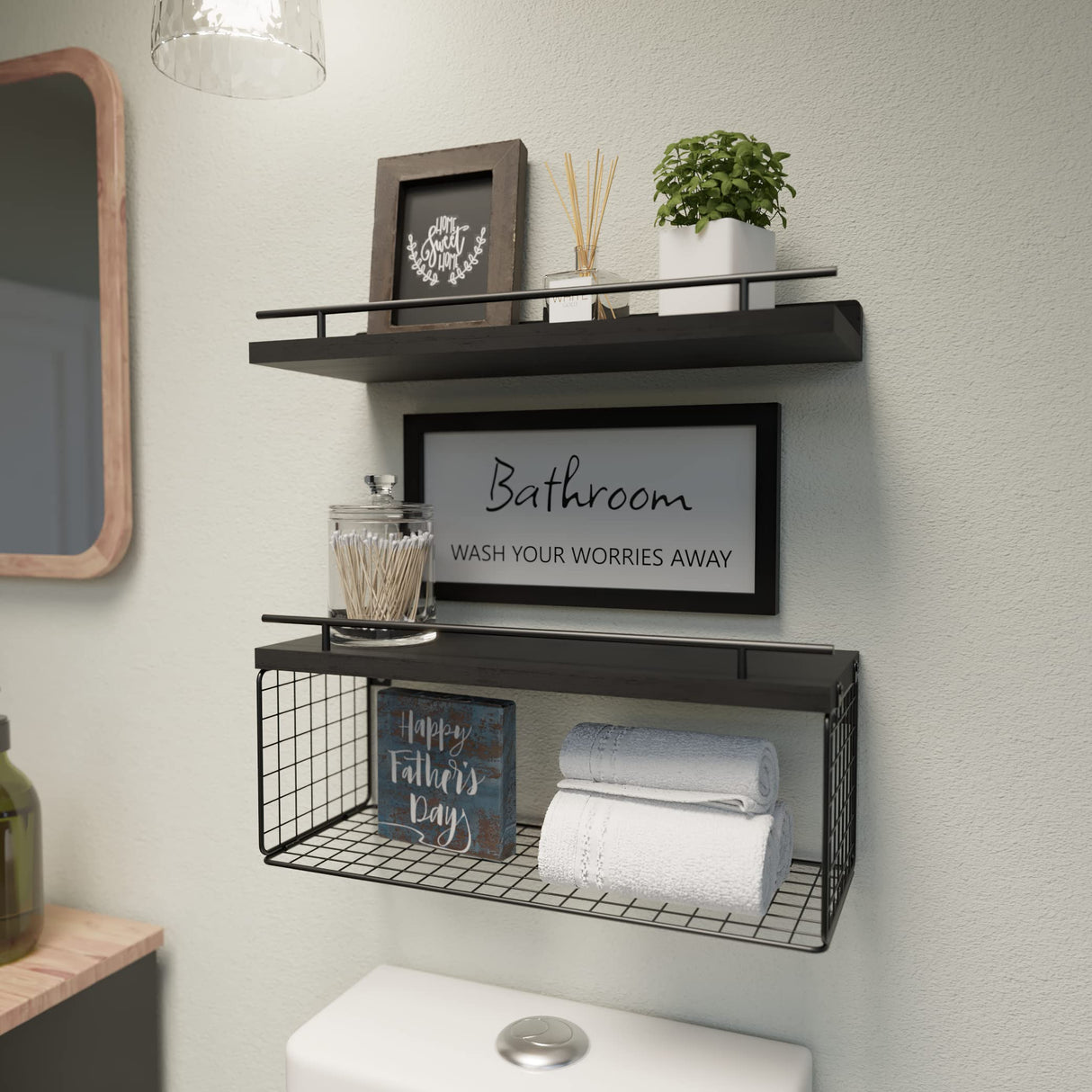 WOPITUES Floating Shelves for Wall Decor Sign, Bathroom Organizers and Storage, Bathroom Shelves Over Toilet with Metal Guardrail-Black WOPITUES