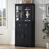 FOREST GRAVITY 71''Tall Pantry Cabinet,Kitchen Pantry,LED Lighting Display Cabinet,a Drawer,3 Adjustable Shelves,Pantry for Dining Room and Kitchen 3 Side Panels of Glass for Better Showcase,Black FOREST GRAVITY