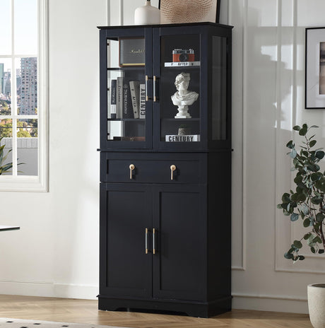 FOREST GRAVITY 71''Tall Pantry Cabinet,Kitchen Pantry,LED Lighting Display Cabinet,a Drawer,3 Adjustable Shelves,Pantry for Dining Room and Kitchen 3 Side Panels of Glass for Better Showcase,Black FOREST GRAVITY