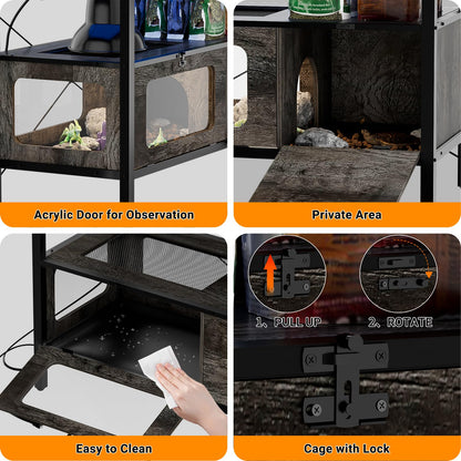 Hyomdeck 40 Gallon Fish Tank Stand with Outlet & LED Light, 39.37‘’ Aquarium Stand with Reptile Tank, Tortoise Habitat with Anti Escape Door and Acrylic Glass, Snake Tank with Ventilation Mesh, Oak