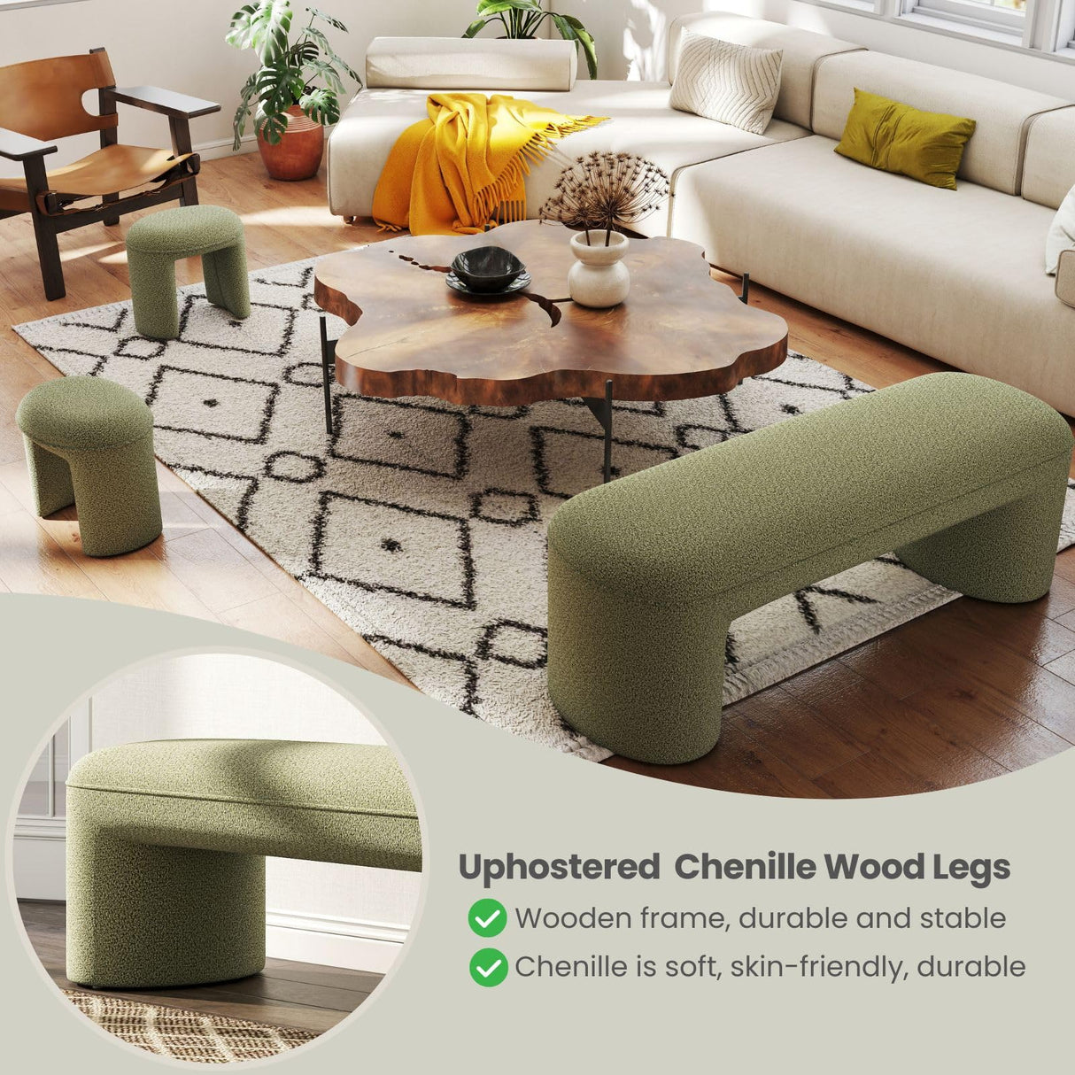 ChicAura 3-Piece Nesting Ottoman Bench Set，53" Long Upholstered End of Bed Bench with 2 15" Foot Stools Chenille Modern Arched Bench Comfy Entry Bench Vanity Stools for Living Room Bedroom, Green ChicAura
