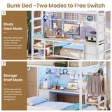 DICTAC Full Over Twin Size Bunk Bed with Desk and Led Lights Metal Loft Bed Frame with Charging Station,Storage Shelves and Drawers for Teen & Adults,Safety Guard & Ladder,No Box Spring Needed,White DICTAC