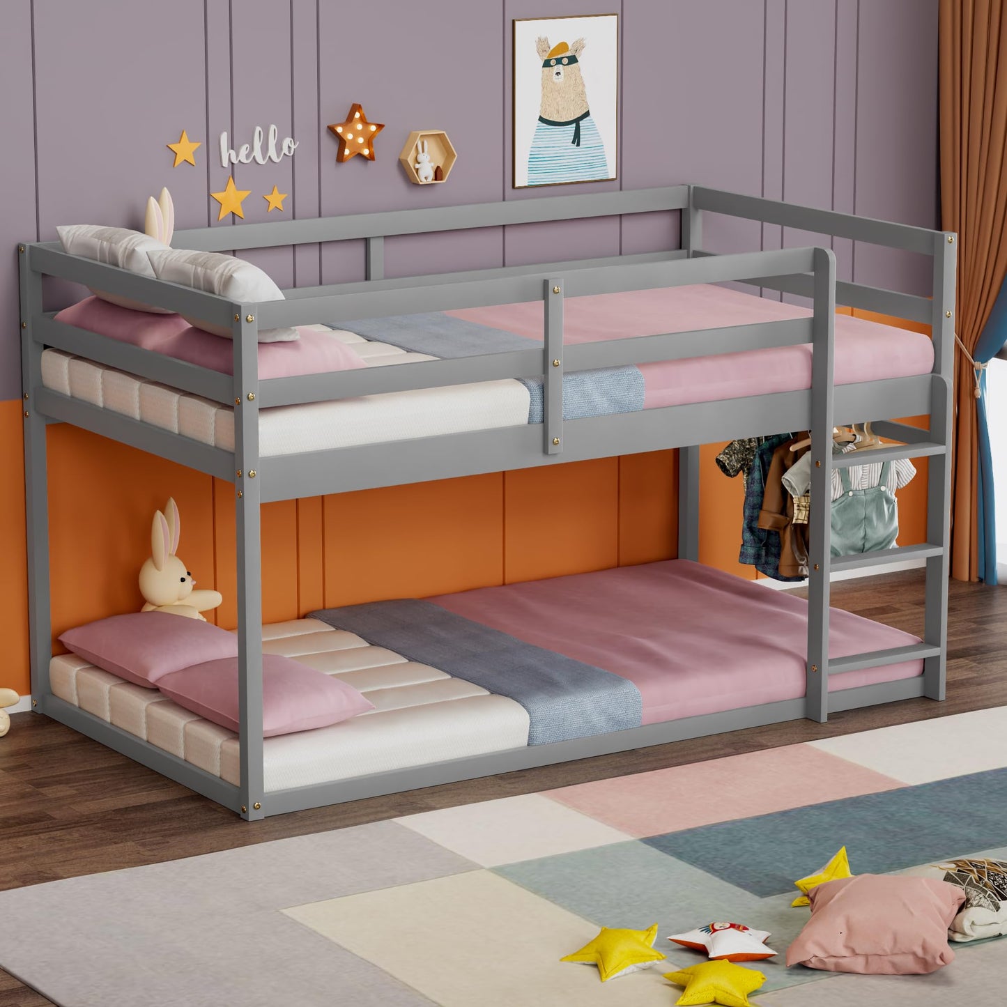 TOLEAD Low Bunk Bed Twin Over Twin, Floor Bunk Bed with Ladder, Twin Bunk Bed with Full Guardrails, Wooden Bunk Bed for Juniors, Boys, Girls, Kids, Bedrooms (Grey)