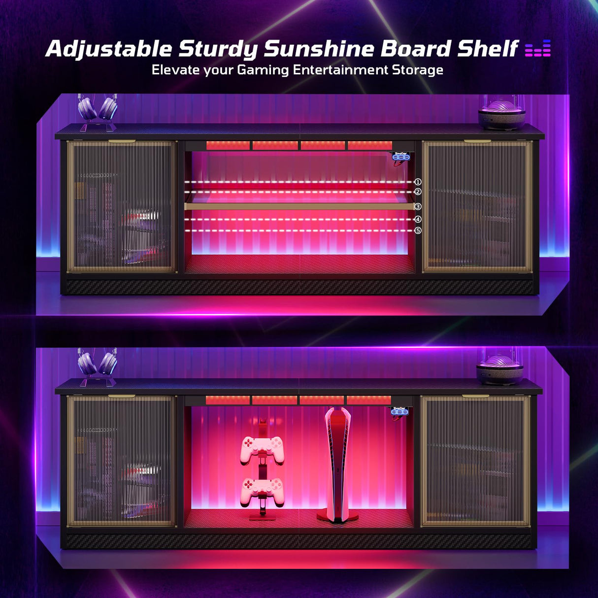 Bestier Gaming TV Stand with Music Sync Light, Flow Vibe Entertainment Center with Storage for PS5 Xbox, RGB LED Party Modes Television Stands for 50/55/60/65 inch TV (Black 3D Carbon Fiber, 57 inch) Bestier