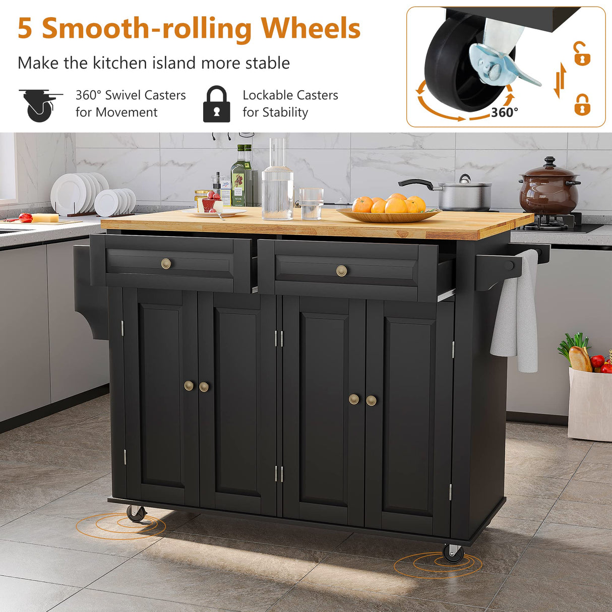 Squireewo Kitchen Cart with Wood Top and Drop Leaf Breakfast Bar, Rolling Mobile Kitchen Island Table on Wheels with Drawer and Storage Cabinet, Spice Rack, Towel Rack, Black Squireewo