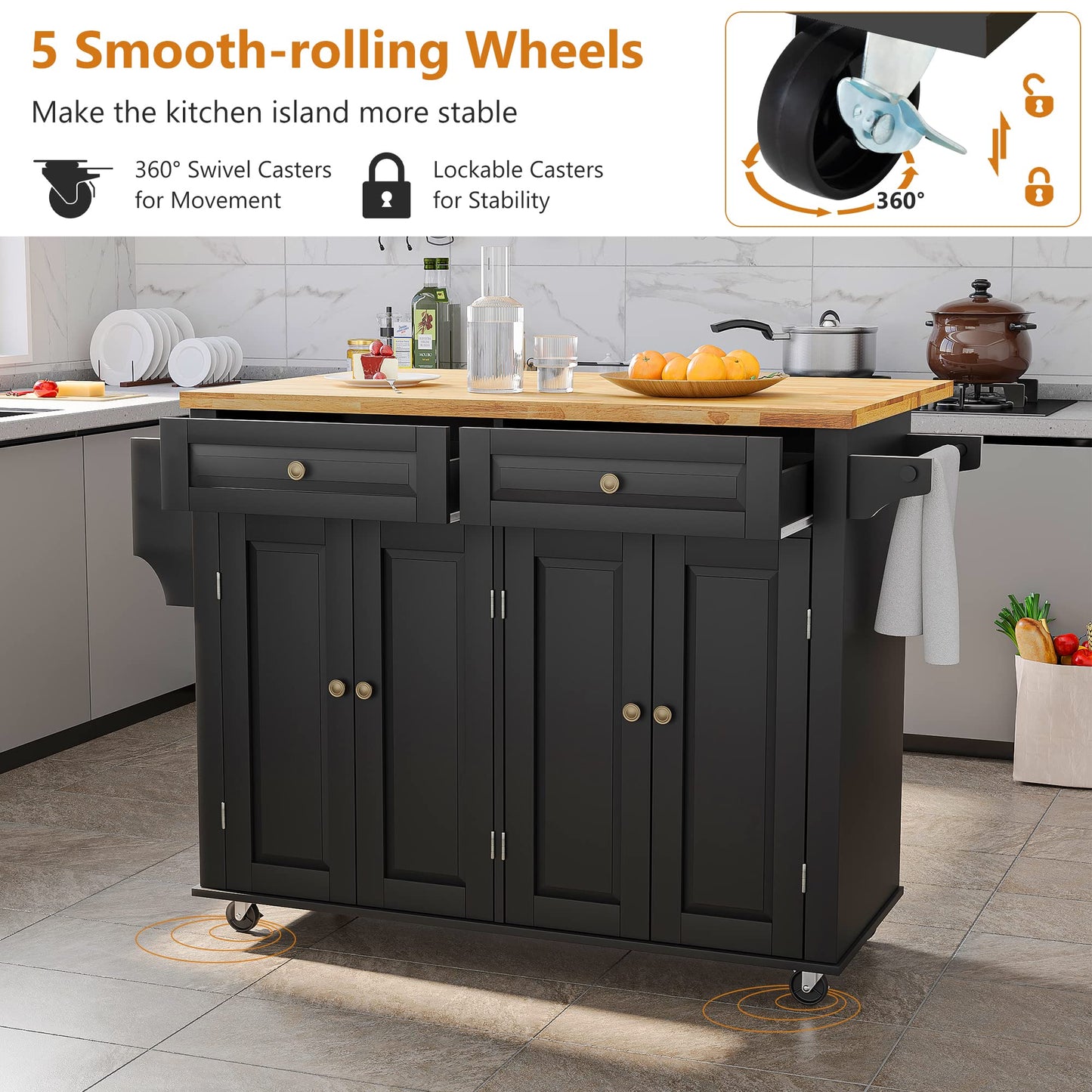 Squireewo Kitchen Cart with Wood Top and Drop Leaf Breakfast Bar, Rolling Mobile Kitchen Island Table on Wheels with Drawer and Storage Cabinet, Spice Rack, Towel Rack, Black - WoodArtSupply