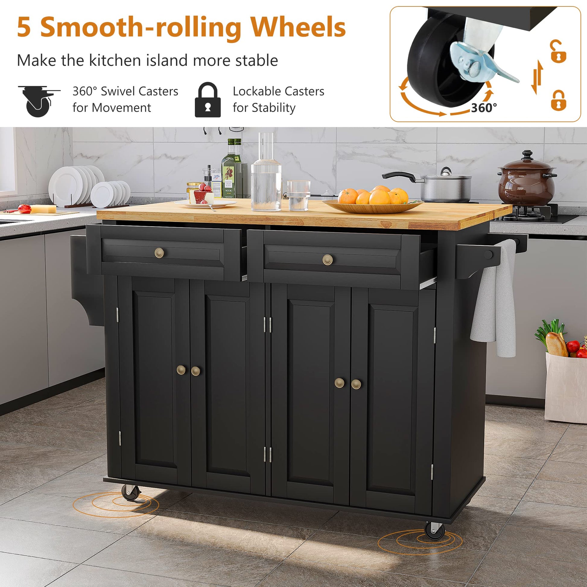 Squireewo Kitchen Cart with Wood Top and Drop Leaf Breakfast Bar, Rolling Mobile Kitchen Island Table on Wheels with Drawer and Storage Cabinet, Spice Rack, Towel Rack, Black - WoodArtSupply