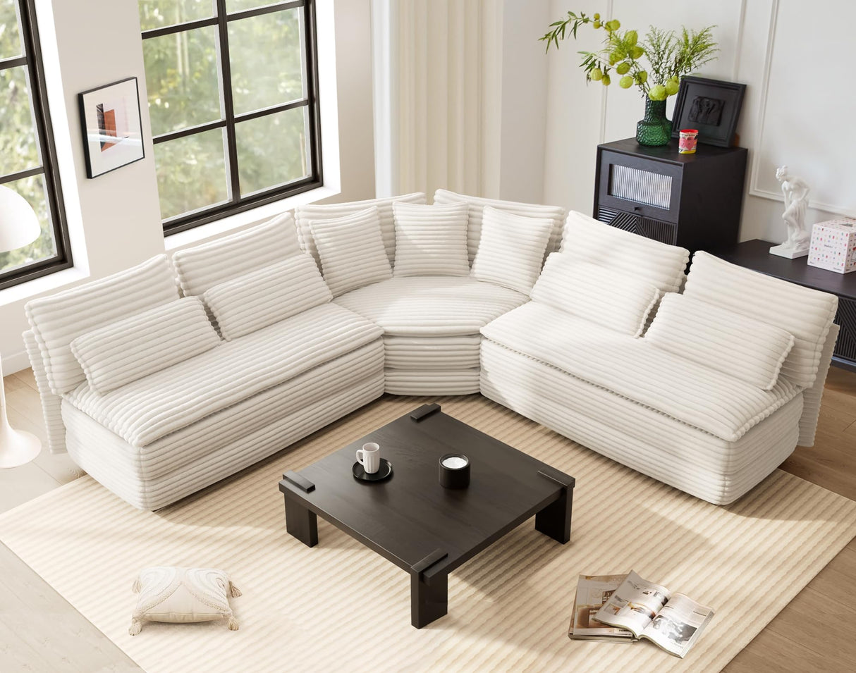 GRAINLLE 103'' L Shaped Corner Sectional Sofa,5-Seater Cloud Corner Couch with Pillows, Large Comfy Corduroy L Couch for Living Room,Apartment,Bedroom (White) GRAINLLE