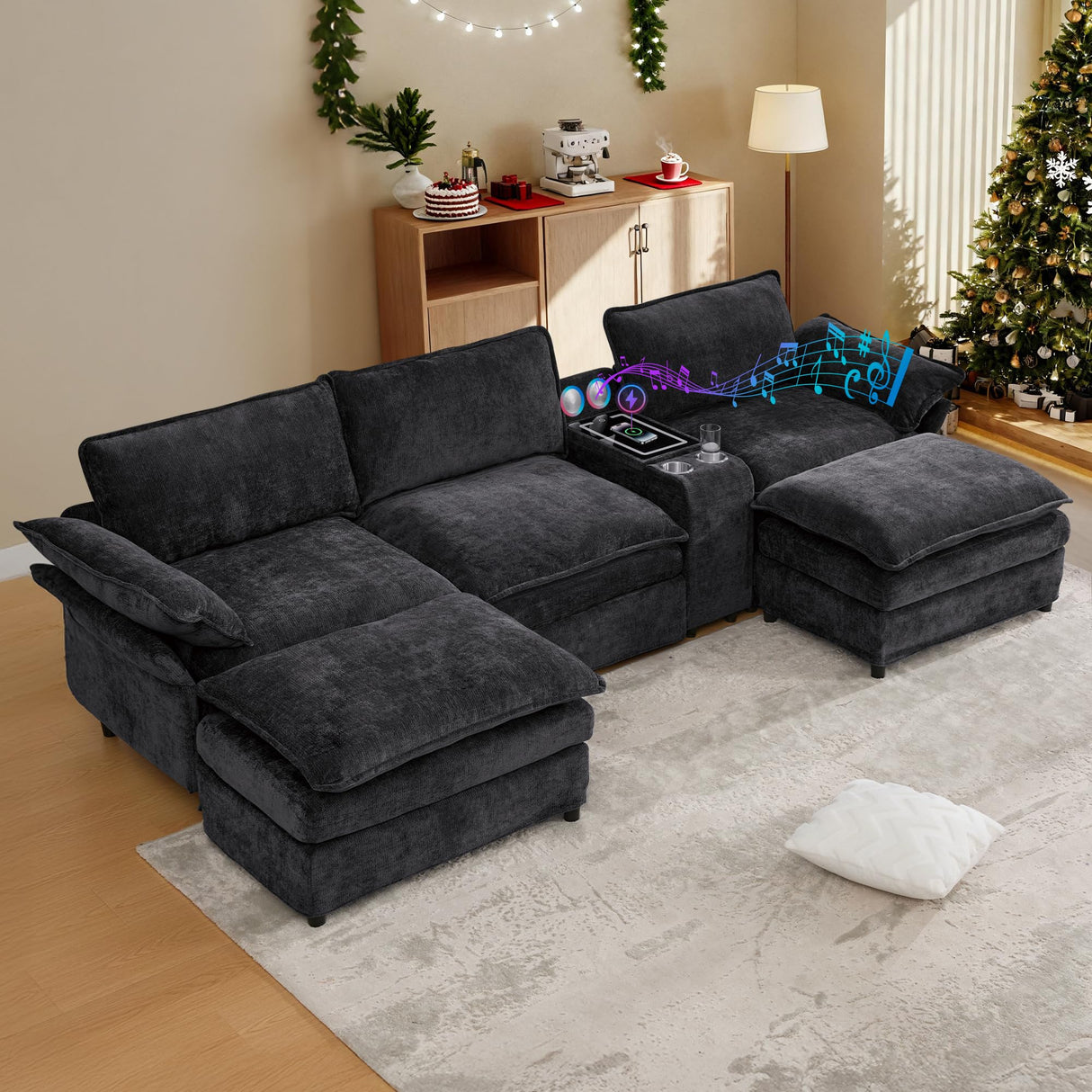 EYATZO 124" U Shaped Cloud Couch, Modular Sectional Sofa with Movable Ottomans, Modern Deep Seat Sofas for Living Room, Comfy Chenille Sectionals with Central Console & Bluetooth Speakers (Black) EYATZO