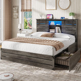 VIAGDO Wooden Bed Frame Queen Size with Bookcase Headboard and Sliding Barn Door, Farmhouse Queen Bed Frame with Charging Station, LED Lights and 4 Storage Drawers, No Box Spring Needed, Grey VIAGDO
