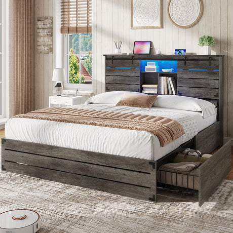 VIAGDO Wooden Bed Frame Queen Size with Bookcase Headboard and Sliding Barn Door, Farmhouse Queen Bed Frame with Charging Station, LED Lights and 4 Storage Drawers, No Box Spring Needed, Grey VIAGDO