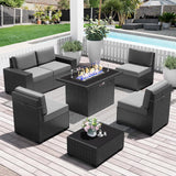 LayinSun 7 Pieces Outdoor Patio Furniture Set with 44" Fire Pit Table Rattan Sectional Sofa Conversation Sets LayinSun