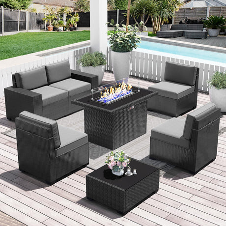 LayinSun 7 Pieces Outdoor Patio Furniture Set with 44" Fire Pit Table Rattan Sectional Sofa Conversation Sets LayinSun