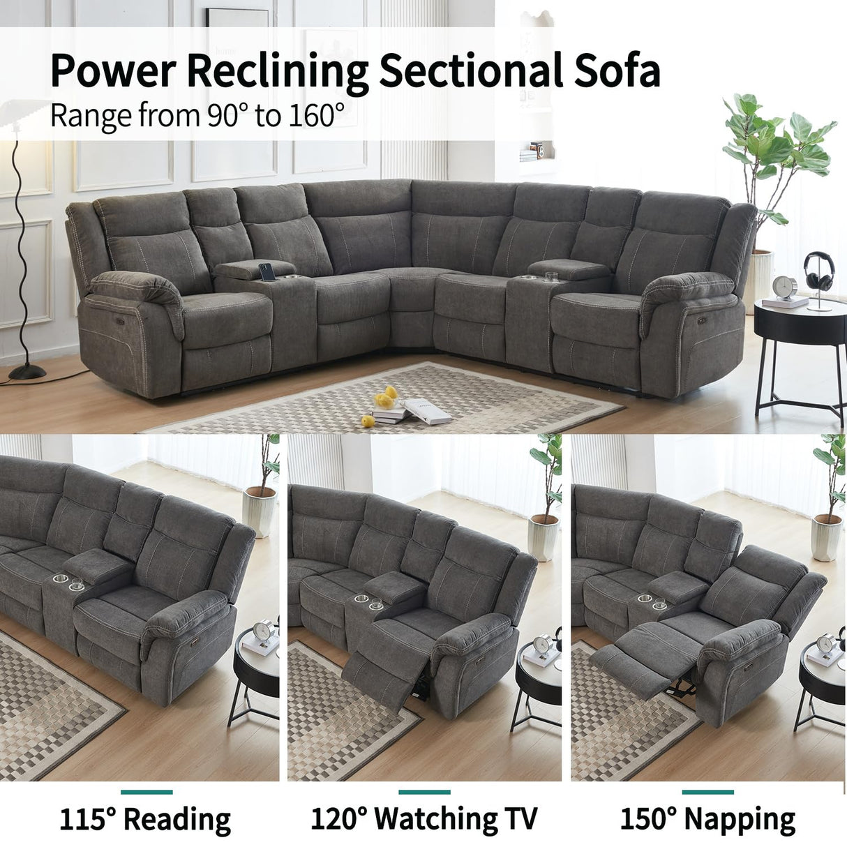 Power Reclining Sectional Sofa Set, Premium Fabric Recliner Couch with USB Port/Console Storage/Cup Holders Home Theater Sectional Sofa Set Secsofier