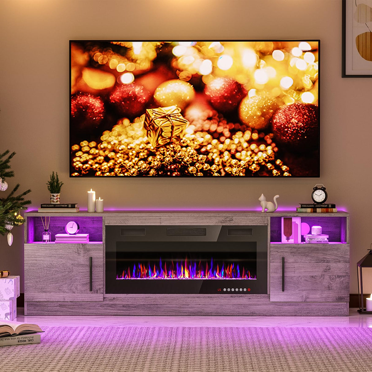 BOSSIN Fireplace TV Stand with 36" Electric Fireplace, LED Light Entertainment Center with Storage Cabinet for TVs up to 80 inch, Media TV Console with Modern Wood Texture,70 inch Gray BOSSIN