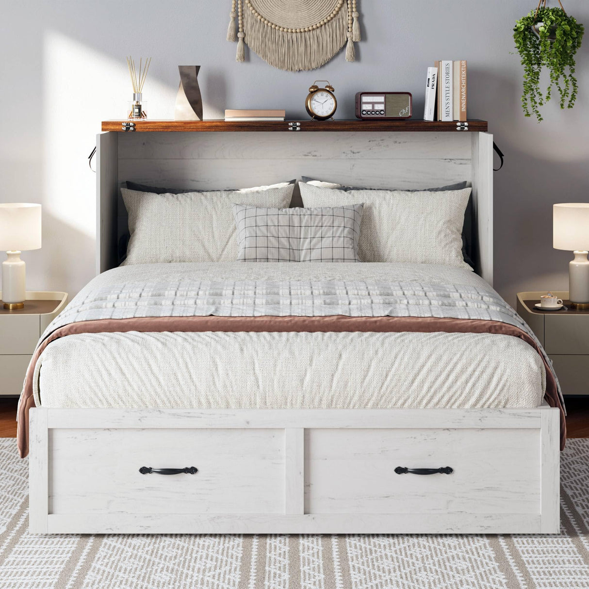 Harpaq Full Size Murphy Bed, Full Size Mobile Cabinet Bed Frame, Farmhouse Wooden Cabinet with Storage Drawer for Bedroom/Office/Guest Room, White+Barnwood Harpaq