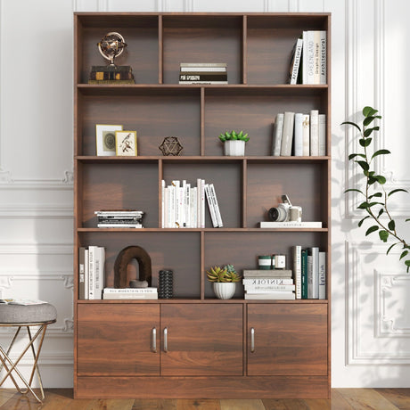 KEIKI 71" Tall Wooden Bookcase, Mid Century Modern Bookshelf with 5-Tier Storage, 3 Doors Open Style Display Shelf W/10 Cubes, Book Shelves Cabinet for Home Office Living Room, Brown KEIKI