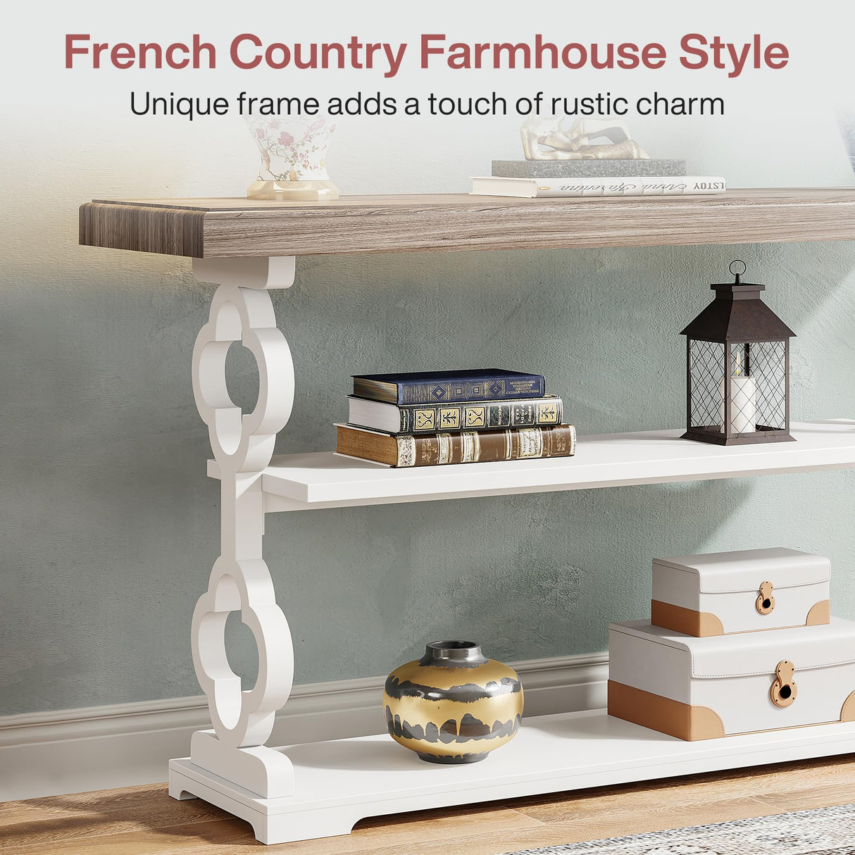 Tribesigns Farmhouse Console Table, 55 inch Rustic Entryway Sofa Table with Storage Shelves, 3 Tier Wood Long Accent Entry Table for Hallway, Entrance, Living Room, Foyer, Grey and White Tribesigns