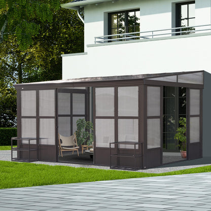 Domi Lean-to Sunroom 10x12FT, Wall Mounted Solarium with Sloping Polycarbonate Roof, Detachable Polycarbonate Screens, 2 Lockable Sliding Doors, Aluminum Gazebo Against Wall Sun Room for Pati - WoodArtSupply