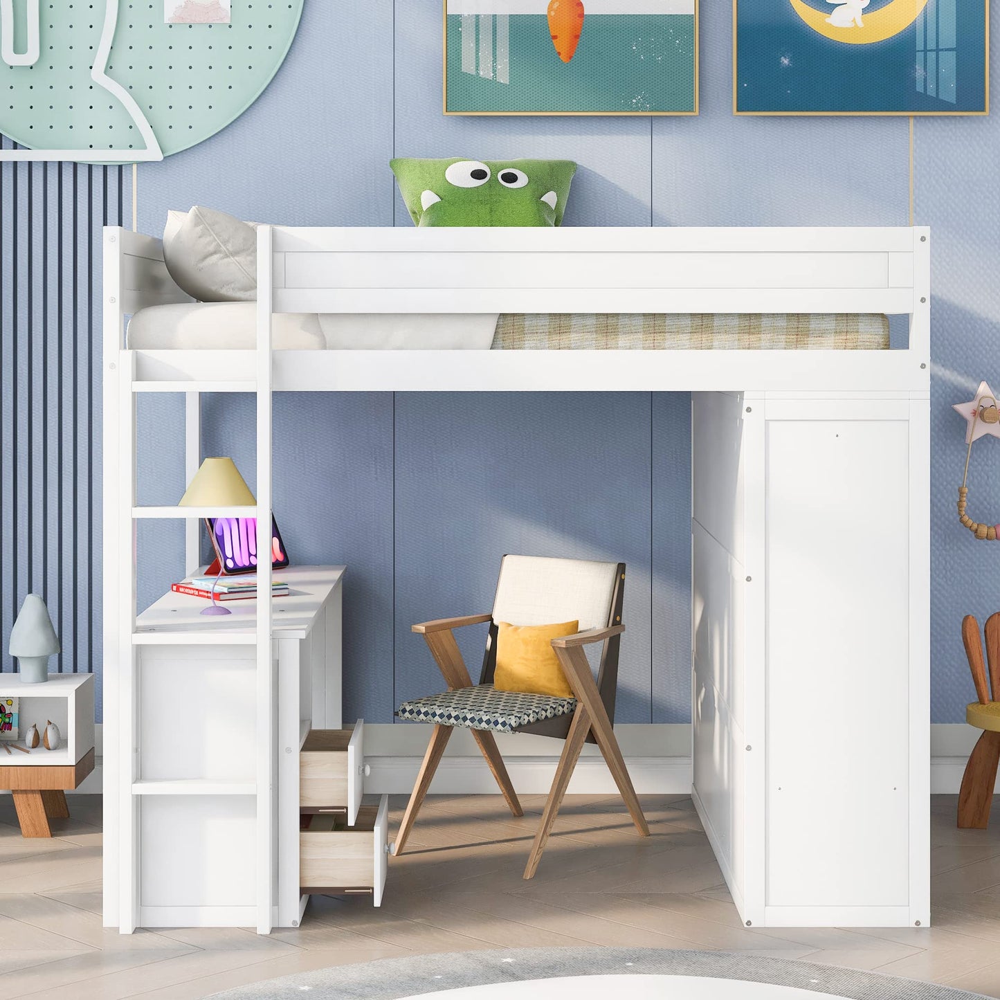 Polibi White Full Size Loft Bed with Wardrobe and 2-Drawer Desk - WoodArtSupply