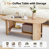 MAHYIZYI 43.3” Oval Coffee Tables for Living Room, Wood Farmhouse Coffee Table with Storage, 2-Tier Center Table with Storage Shelf Low Tea Table for Small Space, Home, Office (Natural) MAHYIZYI