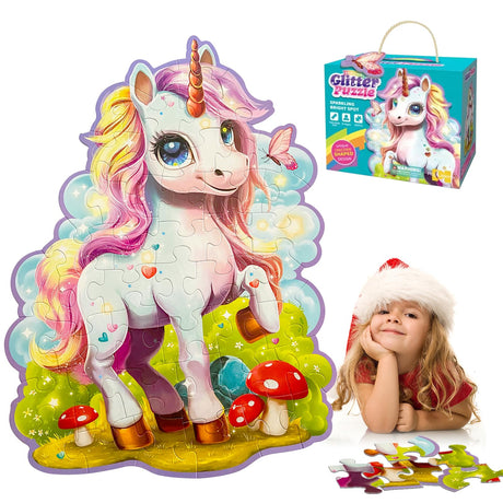 Unicorn Puzzle for Girls 4-6,45 Pcs Jumbo Jigsaw Large Unicorn Puzzles for Kids Ages 6-8,Glittery Floor Puzzles for Kids Ages 3-5,Birthday Gift Toys Floor Puzzles for 4-8 Years Old paperstory