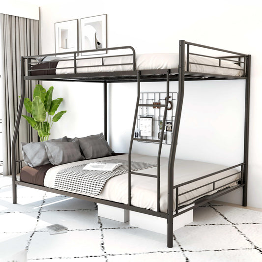 VELLOW Full Over Queen Bunk Bed with Ladder Rungs for Dorm Bedroom Guest Room, Sturdy Steel Queen Bunk Bed Frame w/Safety Guardrail Easy to Assemble Space-Saving/Noise-Free, Black