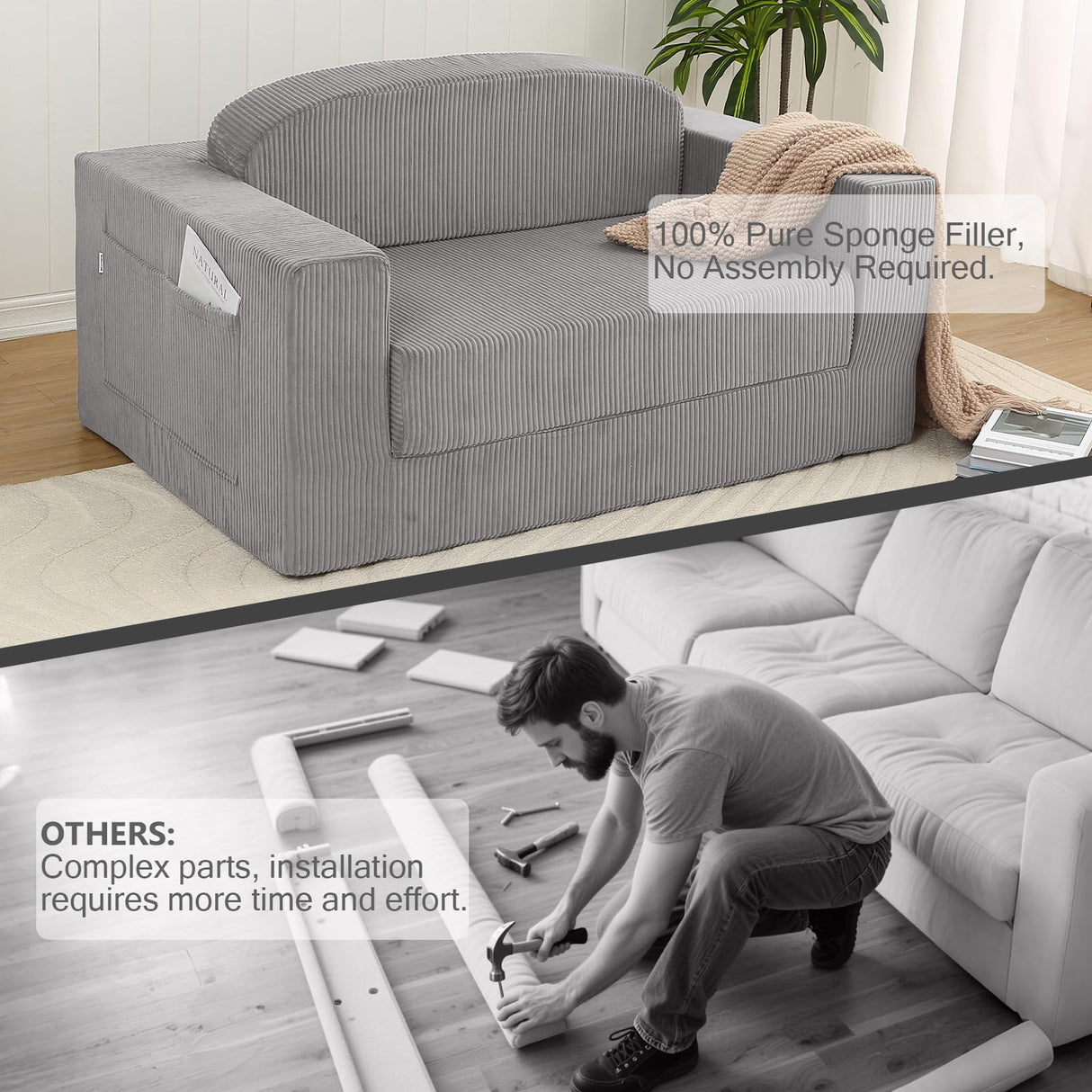 MeMoreCool Convertible Sofa Bed, Pull Out Loveseat Sleeper Sofa, Small Boneless Cloud Couch Bed for Adults, Fold Out Foam Love Seat Grey, Corduroy Folding Floor Couch for Bedroom MeMoreCool