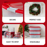 IRIS USA 33 Qt. Holiday Wreath Storage Container Box with Lid, 3-pack, Stackable Under Bed Storage Organizer Bin with Latching Buckles for 20" Wreaths Festive Holiday Decorations Garlands, Clear/Red IRIS USA