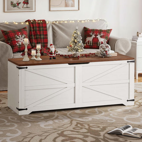 DWVO Storage Bench, 47.2" Farmhouse Storage Chest with 2 Safety Hinges, Wooden Utility Organizer, Shoe Bench for Entryway, Bedroom, Living Room, White and Walnut DWVO