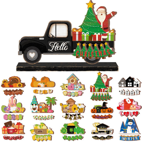 Anglechic 34 Pcs Small Interchangeable Christmas Truck Decor Holiday Seasonal Sign Farmhouse Rustic Wooden Tier Tray Decoration Home Office Desk Welcome Ornament Thanksgiving Gift Anglechic