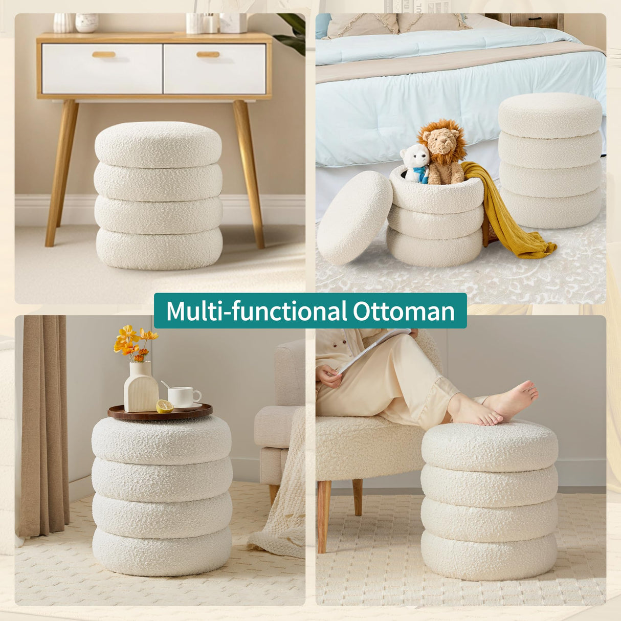 Busaurus Round Ottoman with Storage for Living Room Small Boucle Foot Stool Modern Upholstered Vanity Stool Ottoman Foot Rest for Dorm Corner Home Decor, Set of 1 (White) Busaurus