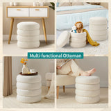 Busaurus Round Ottoman with Storage for Living Room Small Boucle Foot Stool Modern Upholstered Vanity Stool Ottoman Foot Rest for Dorm Corner Home Decor, Set of 1 (White) Busaurus