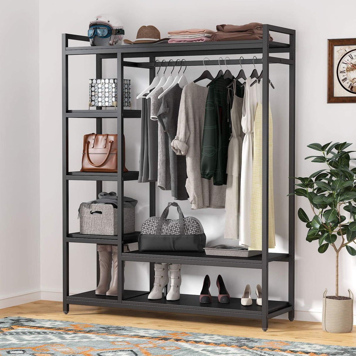 Tribesigns Free-standing Closet Organizer with 6 Storage Shelves and Hanging Bar, Large Standing Clothes Garment Rack（Black） Tribesigns