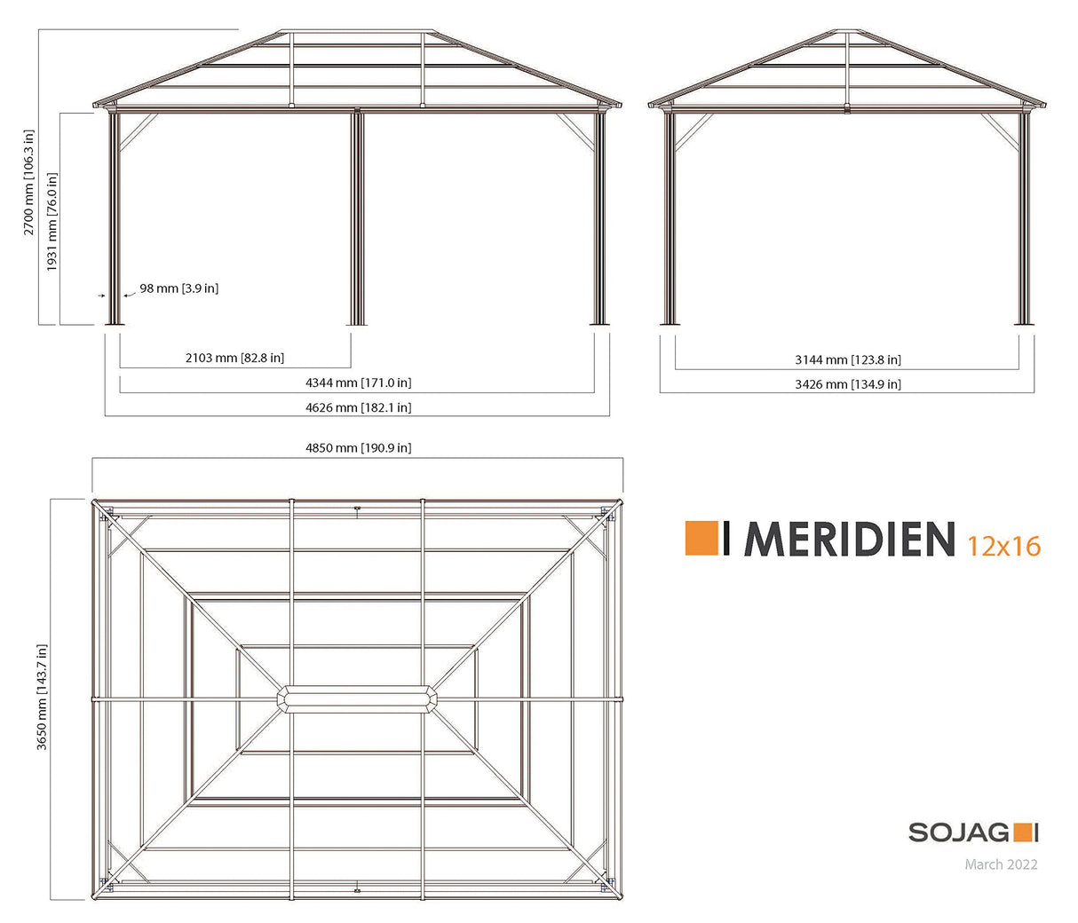 Sojag 500-5157871 Meridien Hardtop Gazebo Outdoor Sun Shelter, 12' by 16', Charcoal Sojag