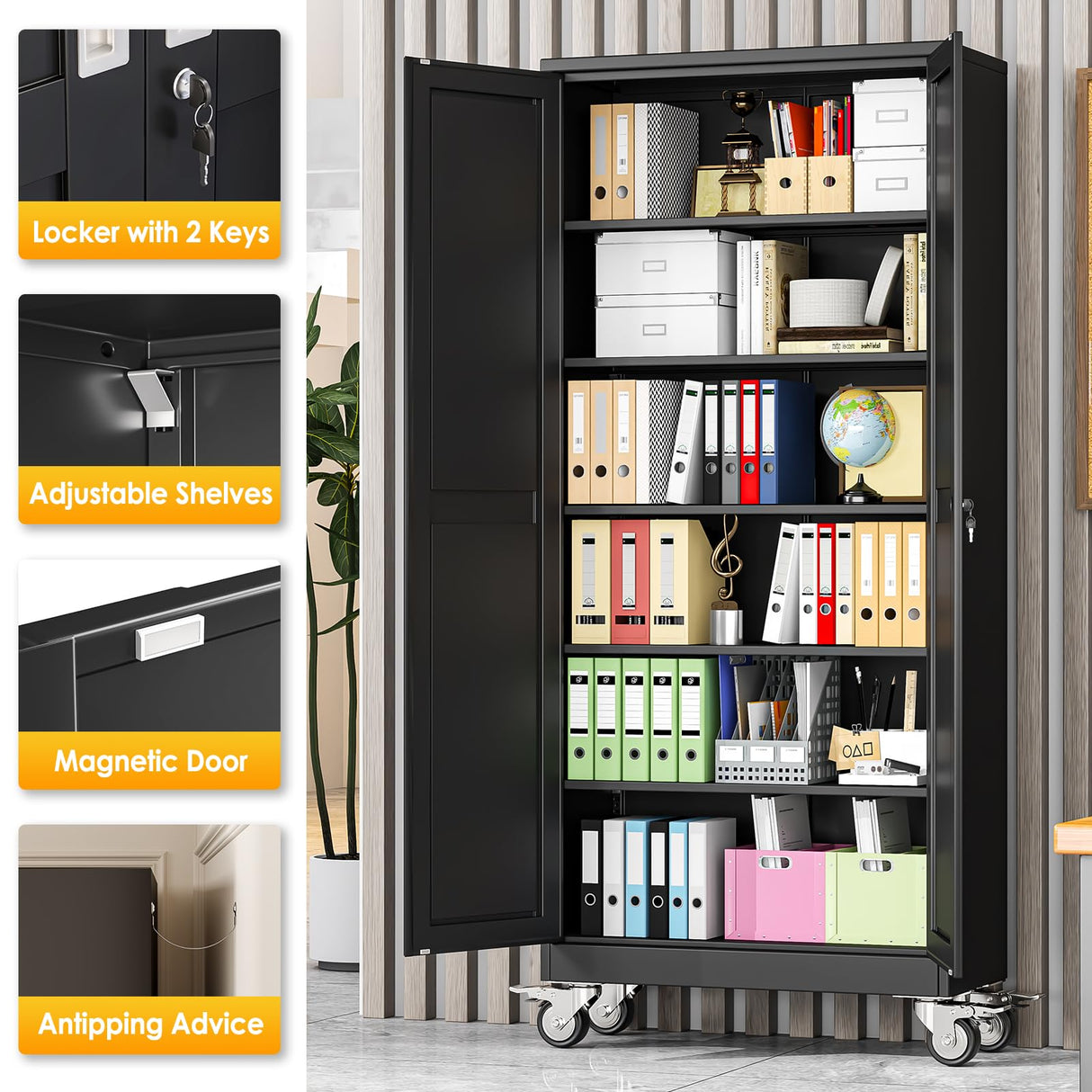 PAOFIN 75''H Metal Garage Storage Cabinet with Wheels,Steel File Cabinets with 2 Doors and 5 Adjustable Shelves for Home Office, Warehouse, Required Assembly,Black PAOFIN