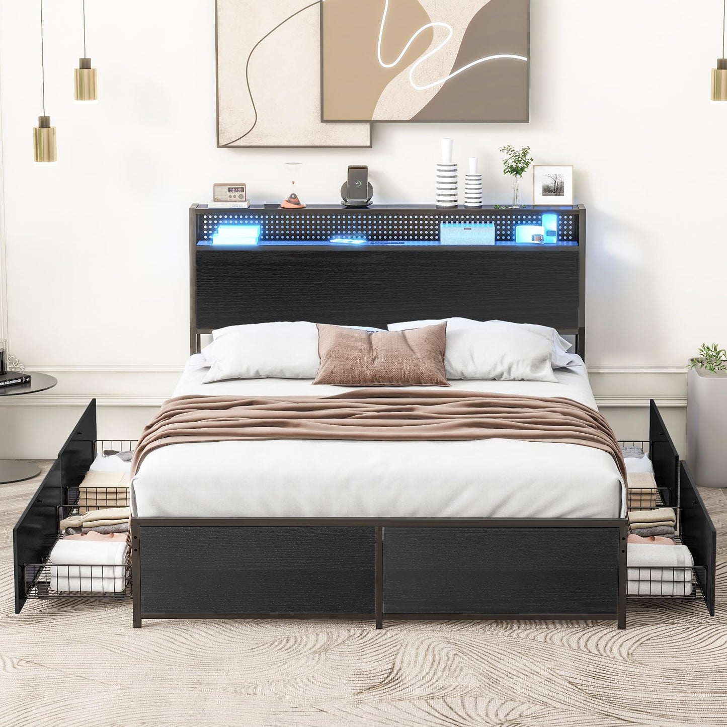 EtherealZYF Black Queen Bed Frame with LED Headboard, Charging Station & 4 Storage Drawers - WoodArtSupply