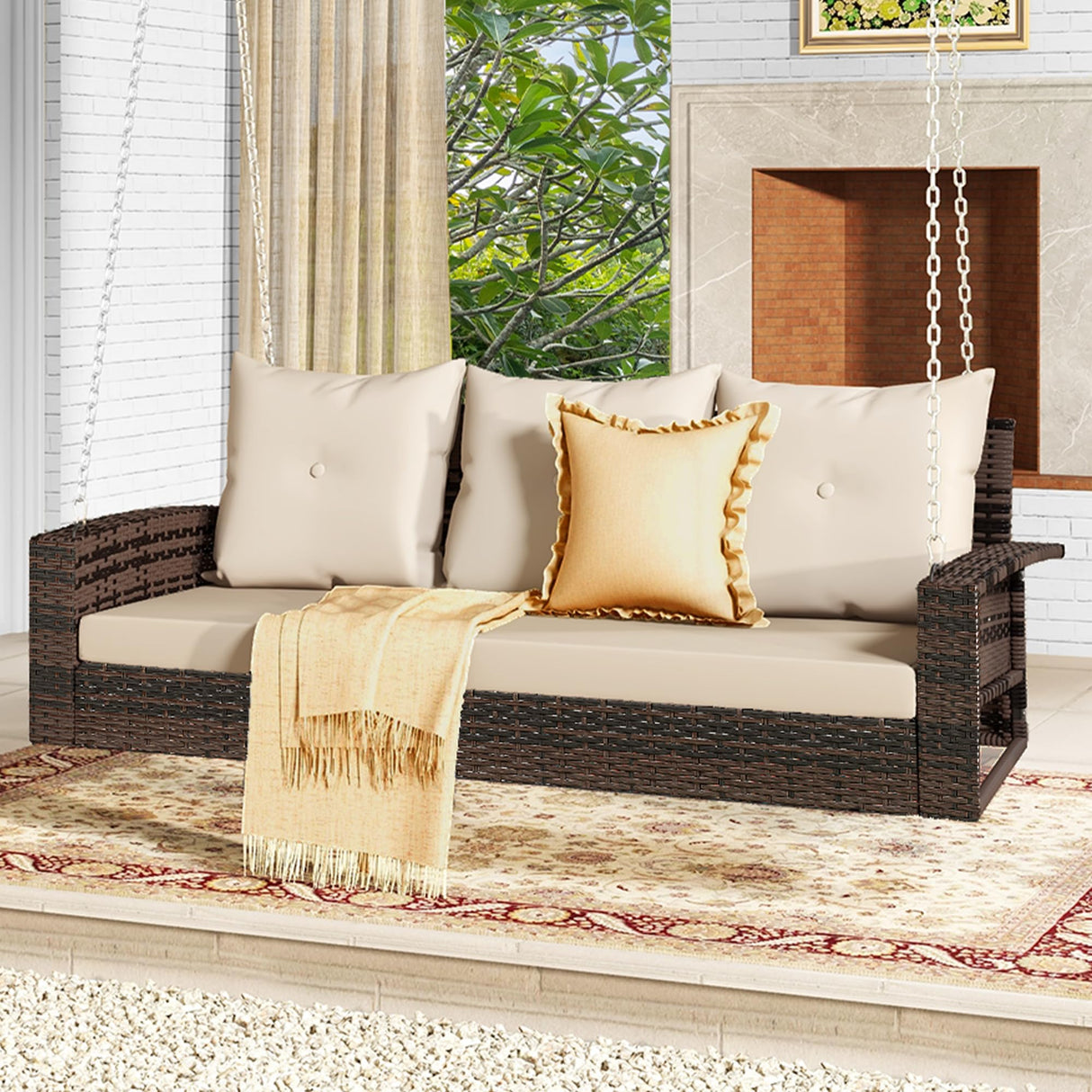 DWVO 3 Seats Porch Swing Hanging Bench Swing Outdoor Wicker Patio Swing Lounge Front Rattan Swing 794lbs for Garden, Balcony, Brown&Beige DWVO